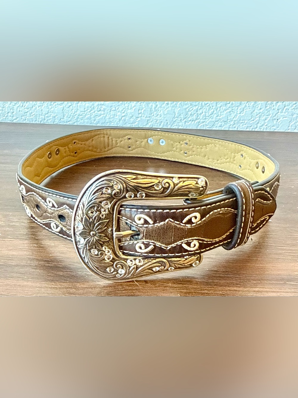 Ariat Brown Leather Kids Western Belt with Ornate Silver Buckle 22